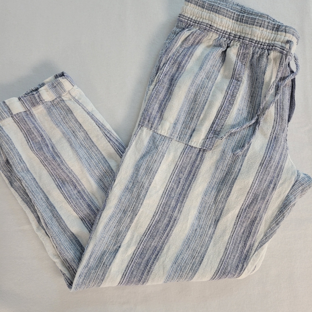 Old Navy Linen Blend Blue & White Striped Pants Women's Medium